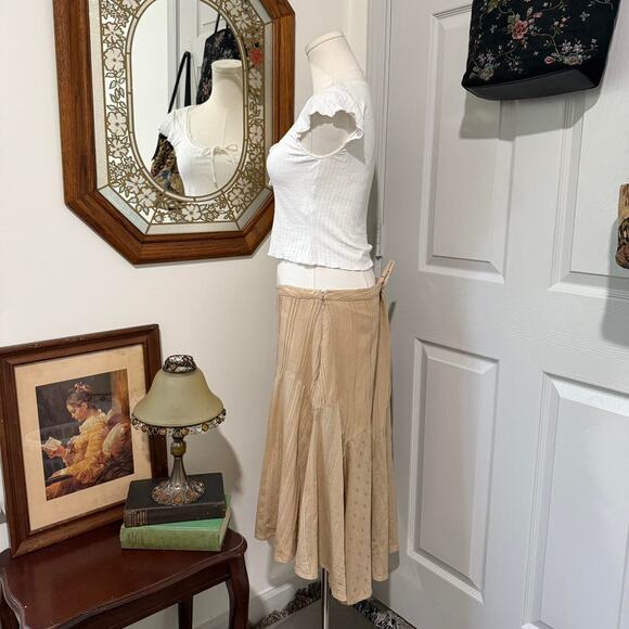 VTG Y2K Faded Glory Tan Floral Embroidered & Striped Patchwork Cotton Midi Skirt - Picture 3 of 8